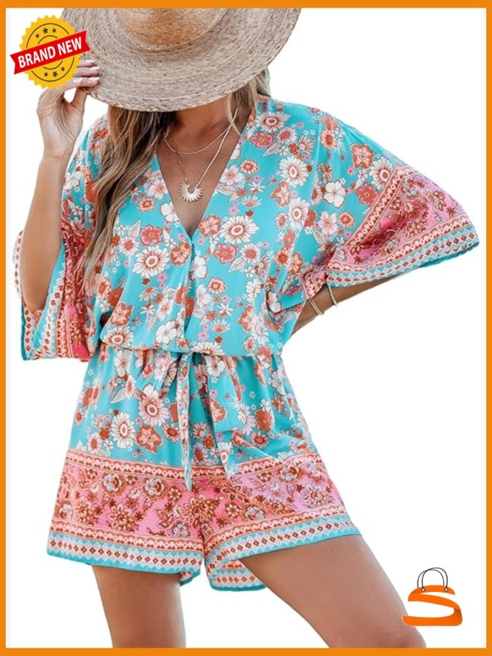 Loose Fit Wide Leg Romper Half Sleeve V-Neck Summer Jumpsuit Rayon